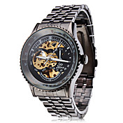 Men's Auto-Mechanical Hollow Black Dial Steel Band Wrist Watch