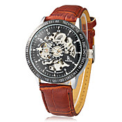 Auto-mécanique creuse gravure cadran noir PU bande de montre-bracelet analogique pour hommes (Brown)