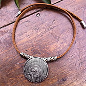 Fashion (Round Pendant) Brown Leather Statement Necklace (1 Pc)