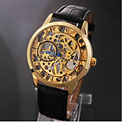 Men's Elegant Gold Skeleton Black Leather Band Manual Mechanical Wrist Watch