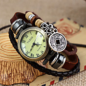 Women's Vintage Style Copper Cash Pendant Brown Leather Band Quartz Bracelet Watch