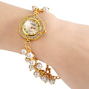 Women's Diamante Case Pearl Gold Alloy Band Quartz Bracelet Watch