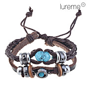 Lureme®Handmade Vintage Multi Strand Blue Amber Bead Charm Leather Wrap Bracelet