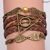 Eruner®Leather Bracelets Multilayer Alloy Owl and Wings Charms Handmade Bracelets