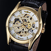 Men's Automatic Mechanical Hollow Round Dial Black PU Leather Band Wrist Watch