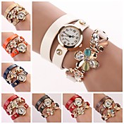 Women's White Dial Flower Crytal Three-Layer Leather Band Random Pendant Quartz Fashion Bracelet Watch  (Assorted Color)