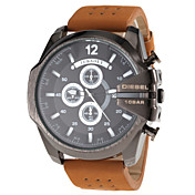 Men's Military Style Black Case Khaki Leather Band Quartz Wrist Watch