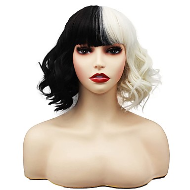 Mersi Black White Wigs for Cruella Deville Cosplay Costume Women 13 Short Curly Wavy Bob Hair Wig Cute Wigs for Party Halloween S079BW