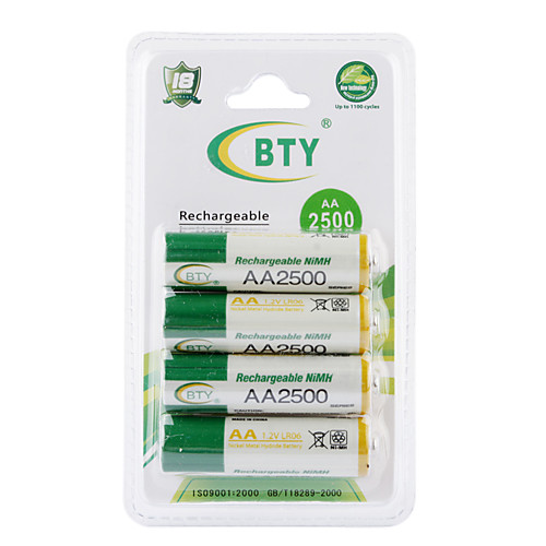 BTY 2500mAh Ni-MH аккумуляторные батареи набор (4-упаковке)