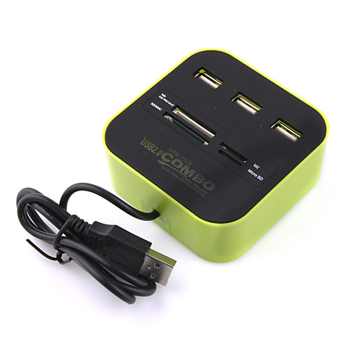 3-х портовый высокоскоростной USB концентратор с кард-ридером (зеленый)
