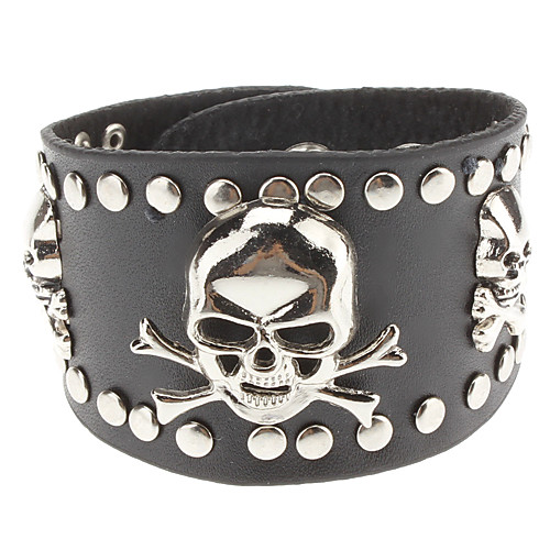 Пиратский череп металлические заклепки Punk Черный кожаный браслет