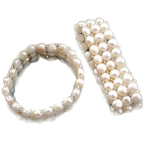 Женская Пресноводные White Pearl браслет 3 Ряд Широкий Strand браслет