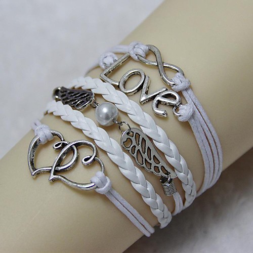 Vintage Angel Wings double heart LOVE18cm Unisex  Leather Wrap Bracelet(1 Pc)