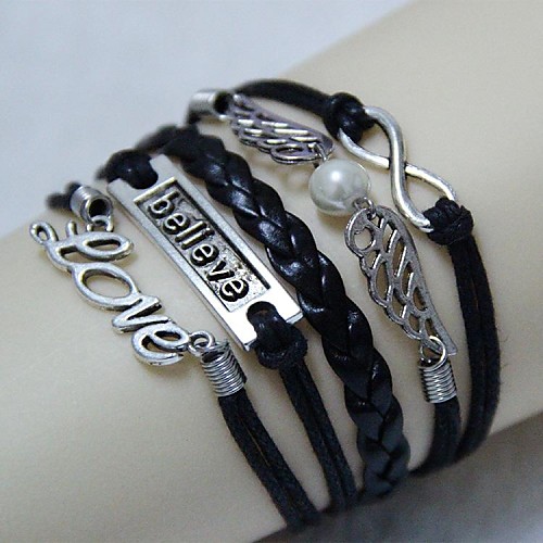 Vintage Angel Wings believe in love eight characters 18cm Unisex  Leather Wrap Bracelet(1 Pc)