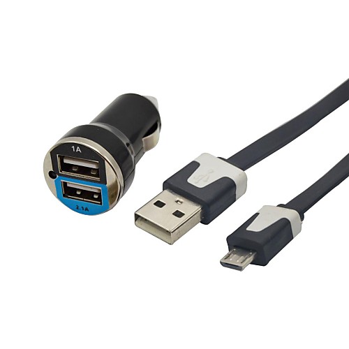 Пуля Dual USB сигареты автомобиля зарядное устройство (DC 12V) с 1M Лапша Micro USB-кабель для Samsung Galaxy S3 S4 I9300 i9500