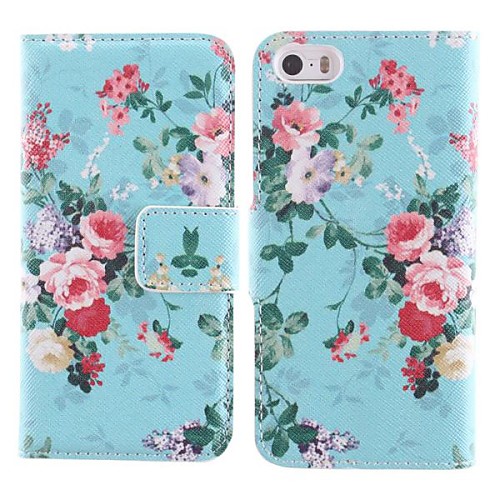 Flower Pattern PU Full Body Case with Card Slot and Stand for iPhone 5/5S