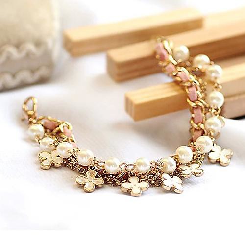 Coway Clover Flowers Alloy Manual Leather Rope Pearl Double Female Bracelets(Assorted Color)