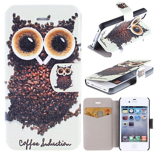 Kopi Luwak Owl Pattern Clamshell PU Leather Full Body Case with Card Slot for iPhone 4/4S