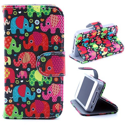 Color Cartoon Elephant Pattern PU Leather Full Body Case with Stand and Card Slot and Money Holder for iPhone 4/4S