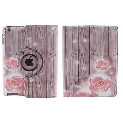 Wood Grain and Small Red Flower Pattern360 Degree Rotating PU Leather Case with Stand for iPad 2/3/4