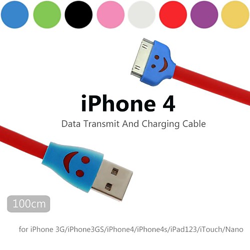 красочный 30 контактный для USB светящийся кабель данных улыбкой для Iphone 4 / IPad 2 / IPad 3 / Сделать ставку (100см, ассорти цвета)