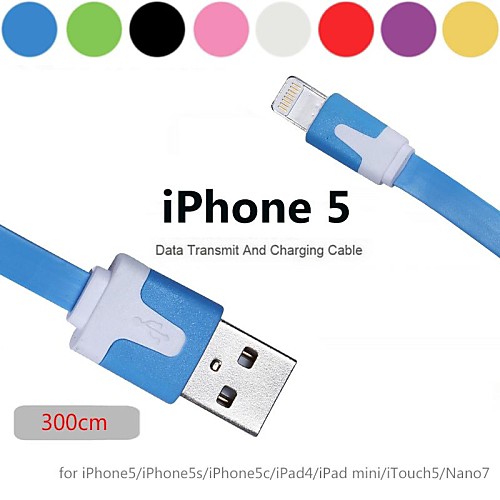 Красочные контакт 8 на USB Noodle кабель для iPhone 5 / IPad мини / IPad 4 / IPOD (300 см, разных цветов)