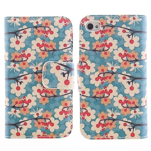 The Plum Flower Pattern PU Full Body Case with Card Slot and Stand for iPhone 4/4S