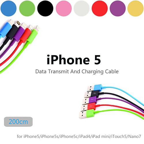 красочный 8-контактный для USB круглого кабеля для передачи данных для iPhone 5 / Ipad Mini / IPad 4 / Ipod (200см, разные цвета)