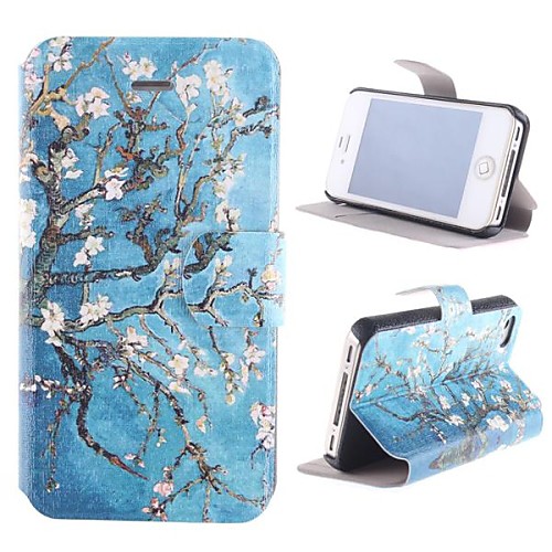 Rattan Flower Pattern PU Full Body Case with Card Slot and Stand for iPhone 4/4S