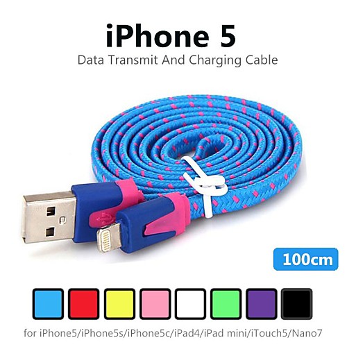 Colorful  8 Pin to USB Tenacity Nylon Noodle Data Cable for iPhone 5/ iPad mini / iPad 4/ iPod (100cm, Assorted Colors)