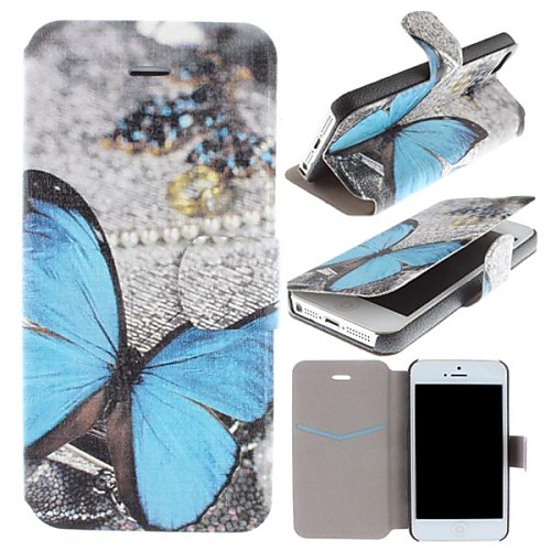 Beautiful Blue Butterfly Pattern Clamshell PU Leather Full Body Case with Card Slot for iPhone 5/5S