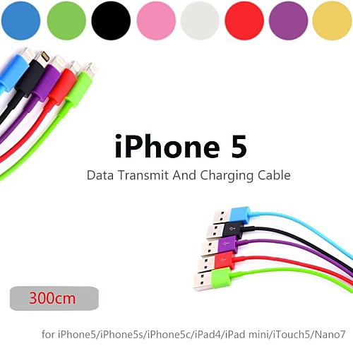 Colorful 8 Pin to USB Round Data Cable for iPhone 5/ iPad mini / iPad 4/ iPod (300cm, Assorted Colors)