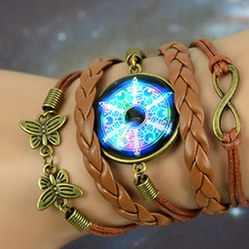 Galaxy Retro Handmade DIY Butterfly Magic Circle Time Gem Twine Brown Alloy Glass Leather Warp Bracelet(1 Pc)