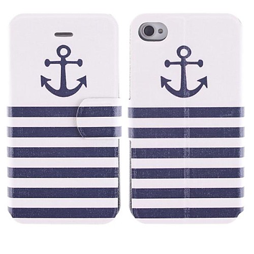 The Anchor and The Design of Blue and White Stripes PU Full Body Case with Card Slot for iPhone 4/4S