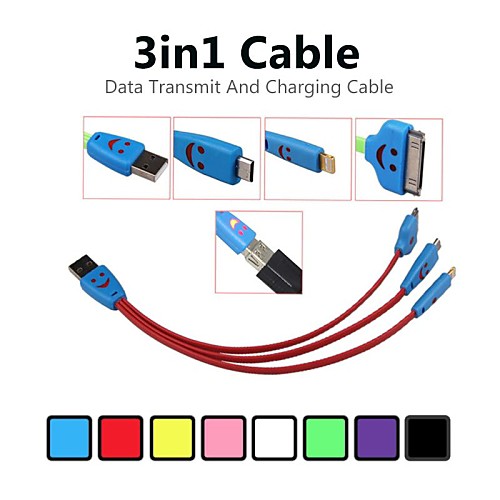 3 in 1 Colorful  8 Pin to USB Smile Noodle Data Cable for iPhone 4/4S/5/5S/5C iPad iPod (Assorted Colors)