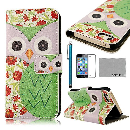 Коко FUN  Green Flower Сова шаблон PU кожаный чехол всего тела с кино, стенд и стилус для iPhone 5/5S