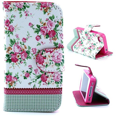 Beautiful Rose Pattern PU Leather Full Body Case with Stand and Card Slot and Money Holder for iPhone 4/4S