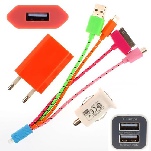 3-в-1 путешествия зарядное костюм для iPhone5 и другие (8pin, 30pin, Micro USB, 5V 1A, ЕС Plug, двойной USB автомобильное зарядное устройство)