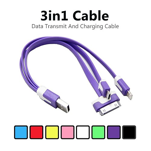 3 in 1 Colorful 8 Pin 30 Pin Micro USB to USB Noodle Data Cable for iPhone 4/4S/5/5S/5C iPad iPod (Assorted Colors)