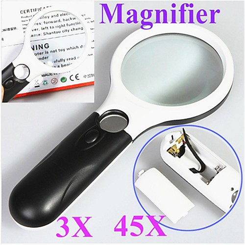 Handheld 75mm 3X / 22mm 45X Magnification Magnifier with 3-LED Lights