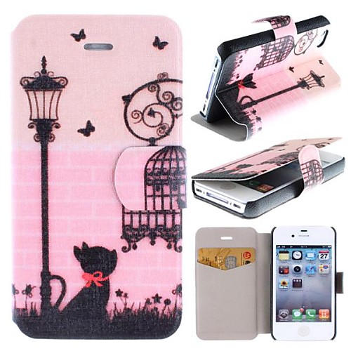 Butterfly Classic Street Black Cat Pattern Clamshell PU Leather Full Body Case with Card Slot for iPhone 4/4S