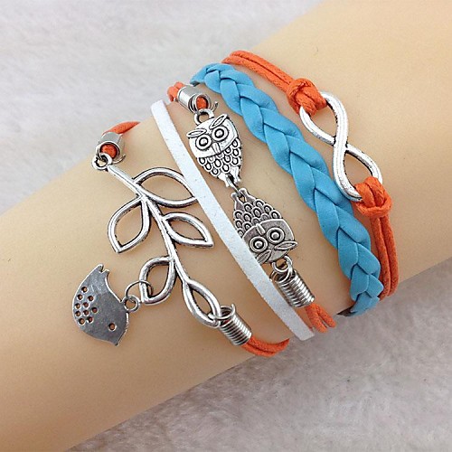 Vintage Owl leaves eight characters 18cm Unisex  Leather Wrap Bracelet(1 Pc)