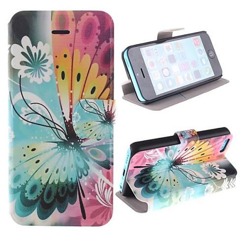 A Beautiful Butterfly Pattern PU Full Body Case with Card Slot and Stand for iPhone 5C