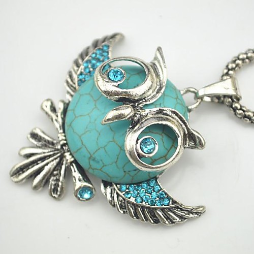 Toonykelly Vintage Look Antique Silver Glasses Owl Turquoise Crystal Necklace(1 Pc)