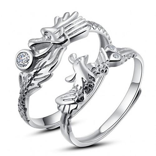 I FREE SILVERClassic S925 Sterling Silver Dragon And Phoenix Shape Couple Rings 2 pcs