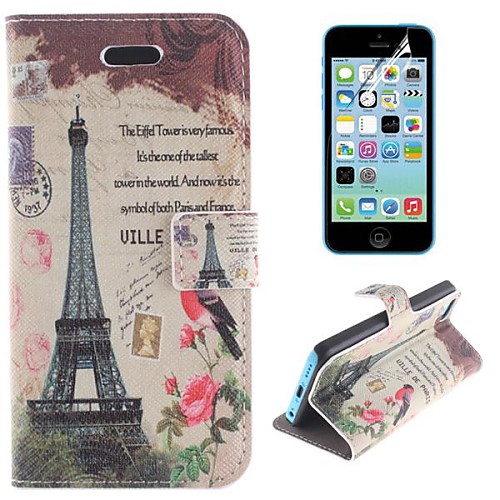 Eiffel Tower and The Birdie Design PU Leather Full Body Cover with Stand and Protective Film for iPhone 5C