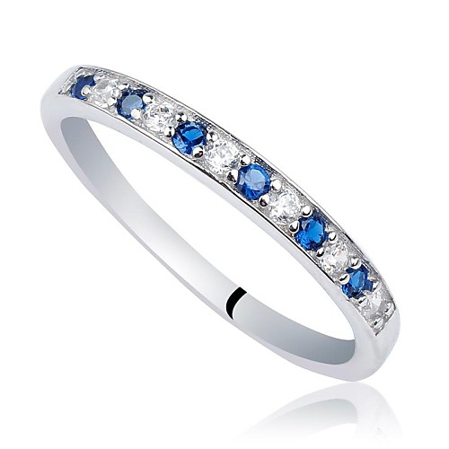 Classic Women's 2-tone Mix Sapphire Blue and Clear CZ 925 Sterling Silver Band Ring