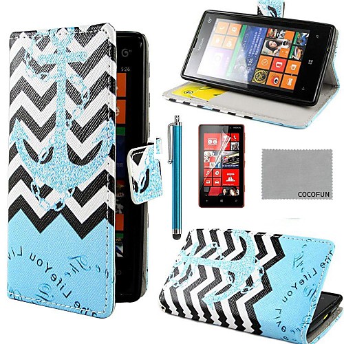 COCO FUN Blue Anchor Pattern PU Leather Full Body Case with Screen Protector, Stylus and Stand for Nokia Lumia N520