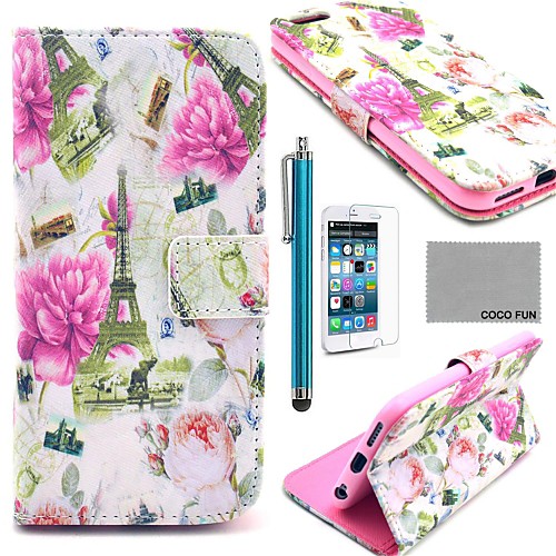 COCO FUN Floral Eiffel Tower Pattern PU Leather Case with Screen Protecter, Stand and Stylus for iPhone 6 6G 4.7