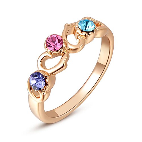 Classic Austrian Crystals Rose Gold Plated Colorful Stones Heart To Heart Ring Party Jewelry